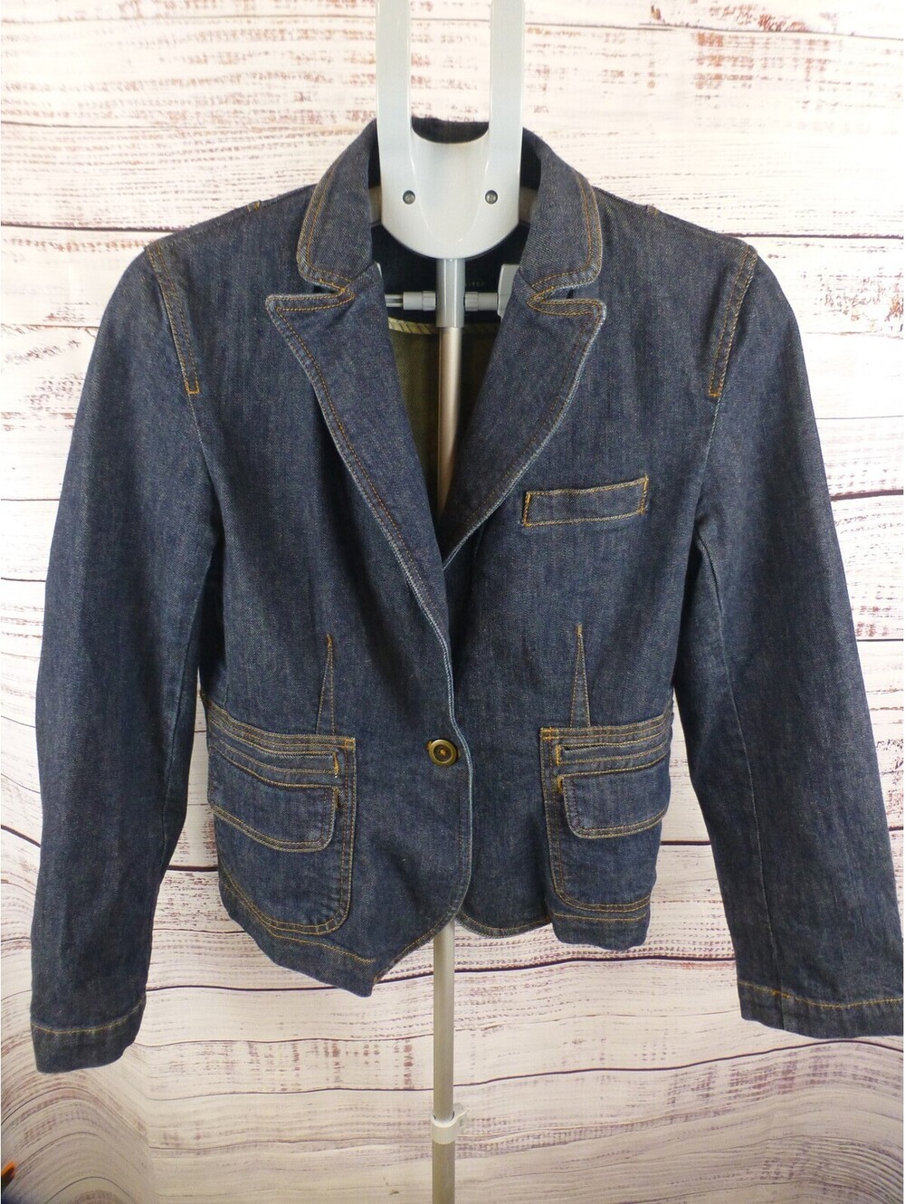 The Limited Women's Blue Denim Blazer Jacket Stretch Single Button Pockets J5